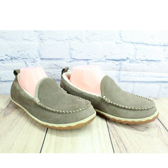 LL Bean Cement Suede Slip On Fleece Lined Mountain Moccasin Slippers Size 8 M - Picture 3 of 9
